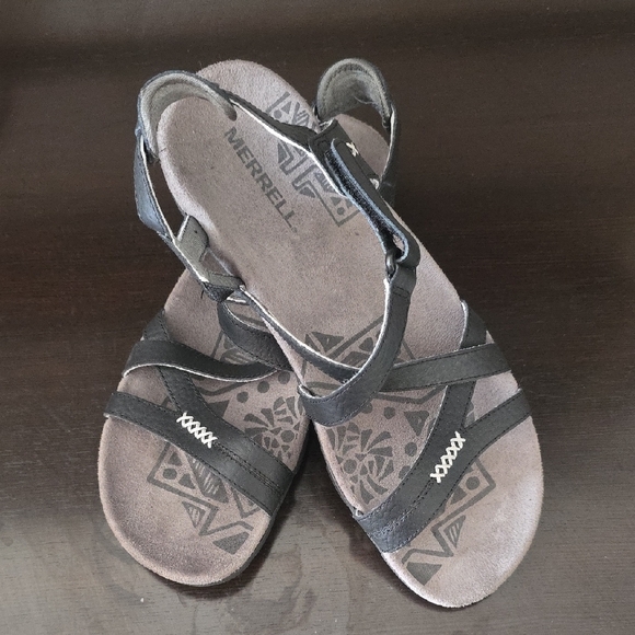 MERRELL Sandspur Rose Black Leather‎ Sandals Size 9 - Picture 1 of 6